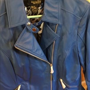 Blue leather motorcycle jacket